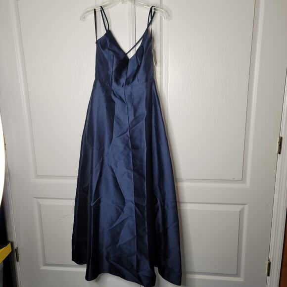 Alfred Sung V-Neck Criss Cross Back Satin Night Out Dress Midnight Blue Size 6 - Picture 3 of 6